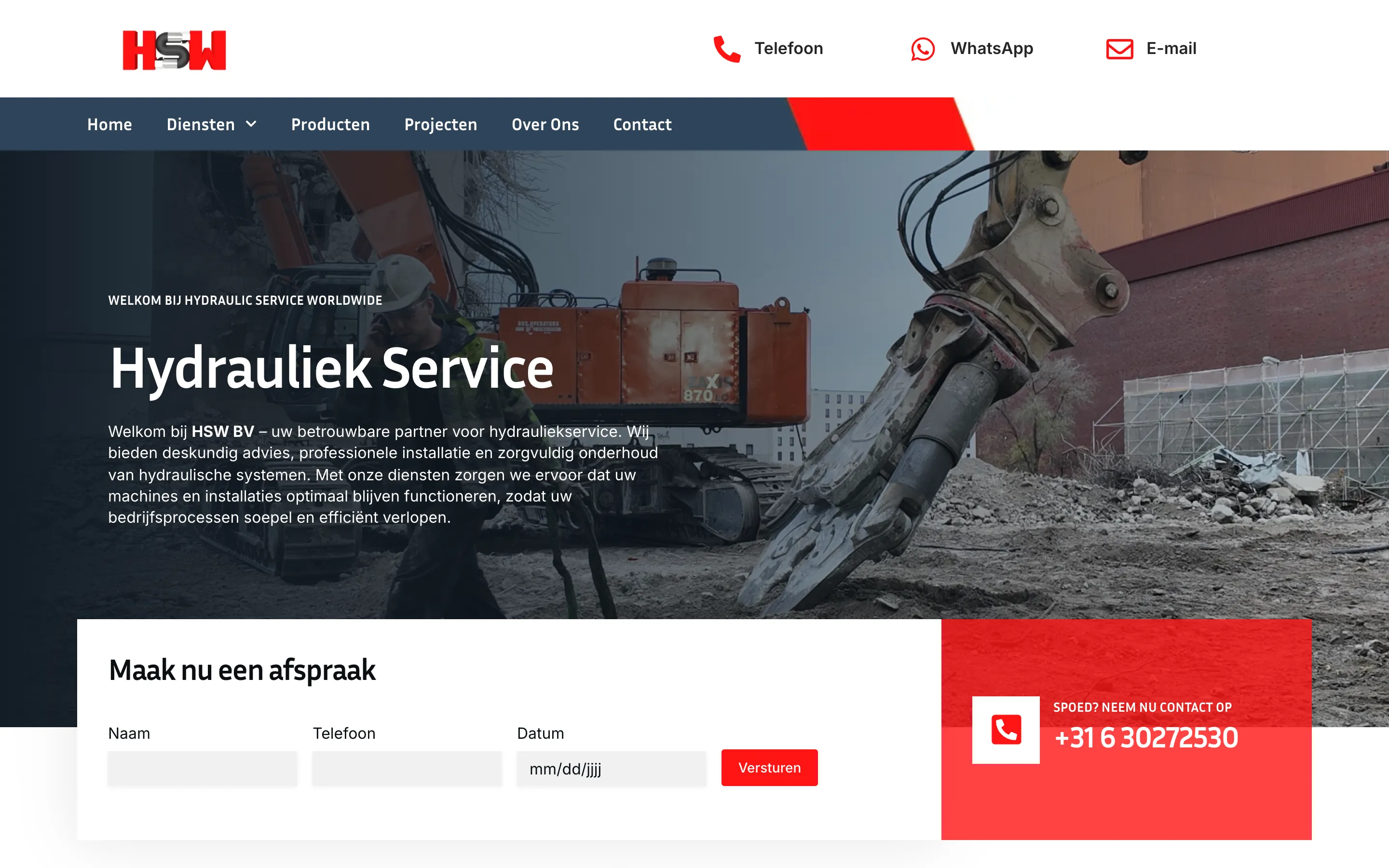 Screenshot van de website van Hydraulic Service Worldwide B.V.