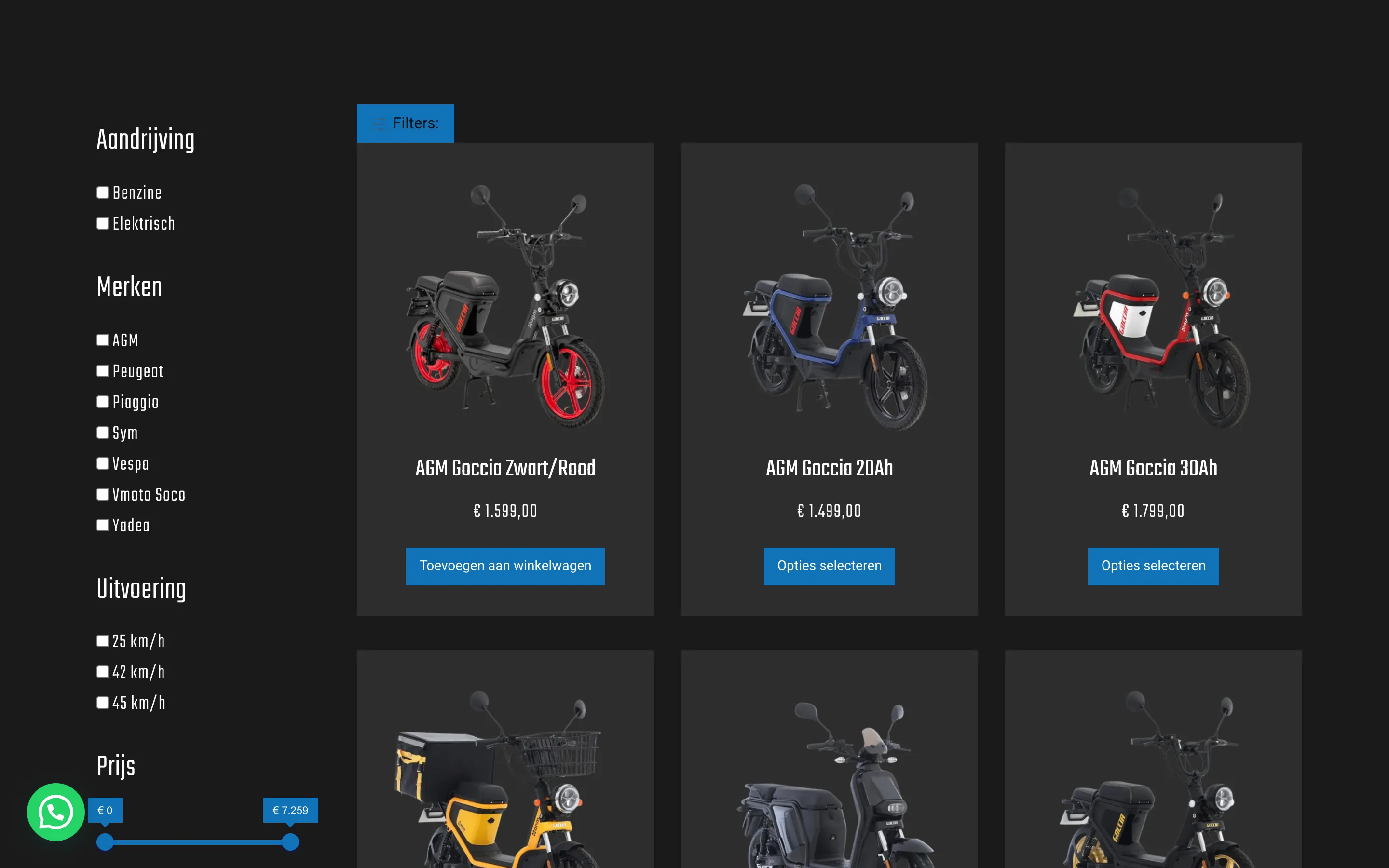 Het scooteraanbod van Mike Mobility met filters op aandrijving, merk en prijs