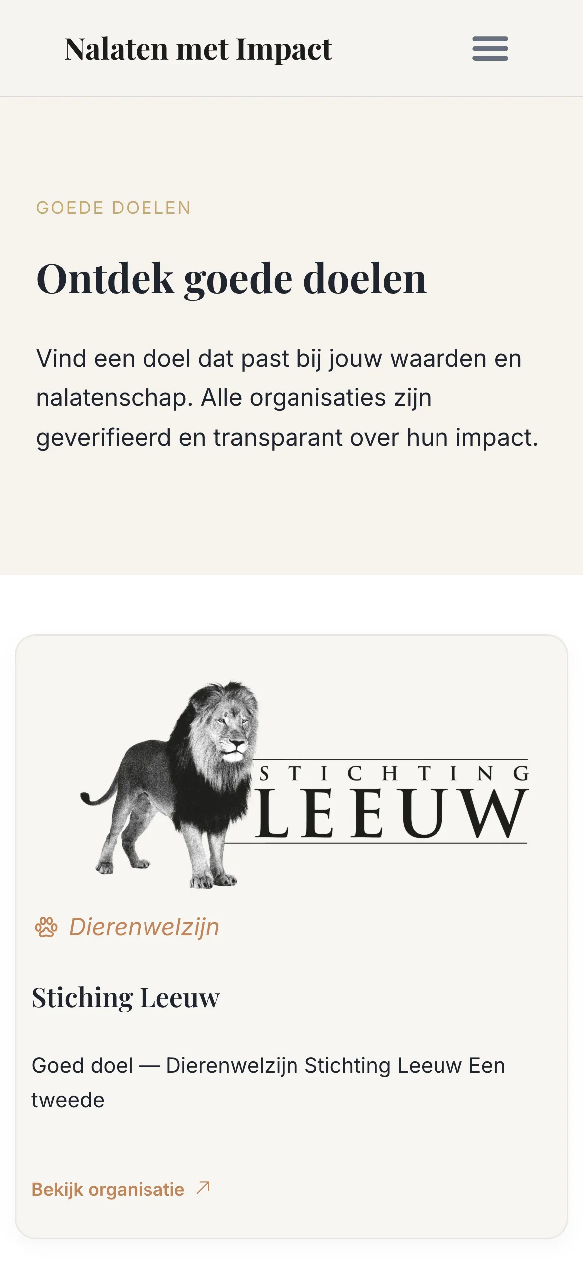 De pagina met goede doelen op mobiel