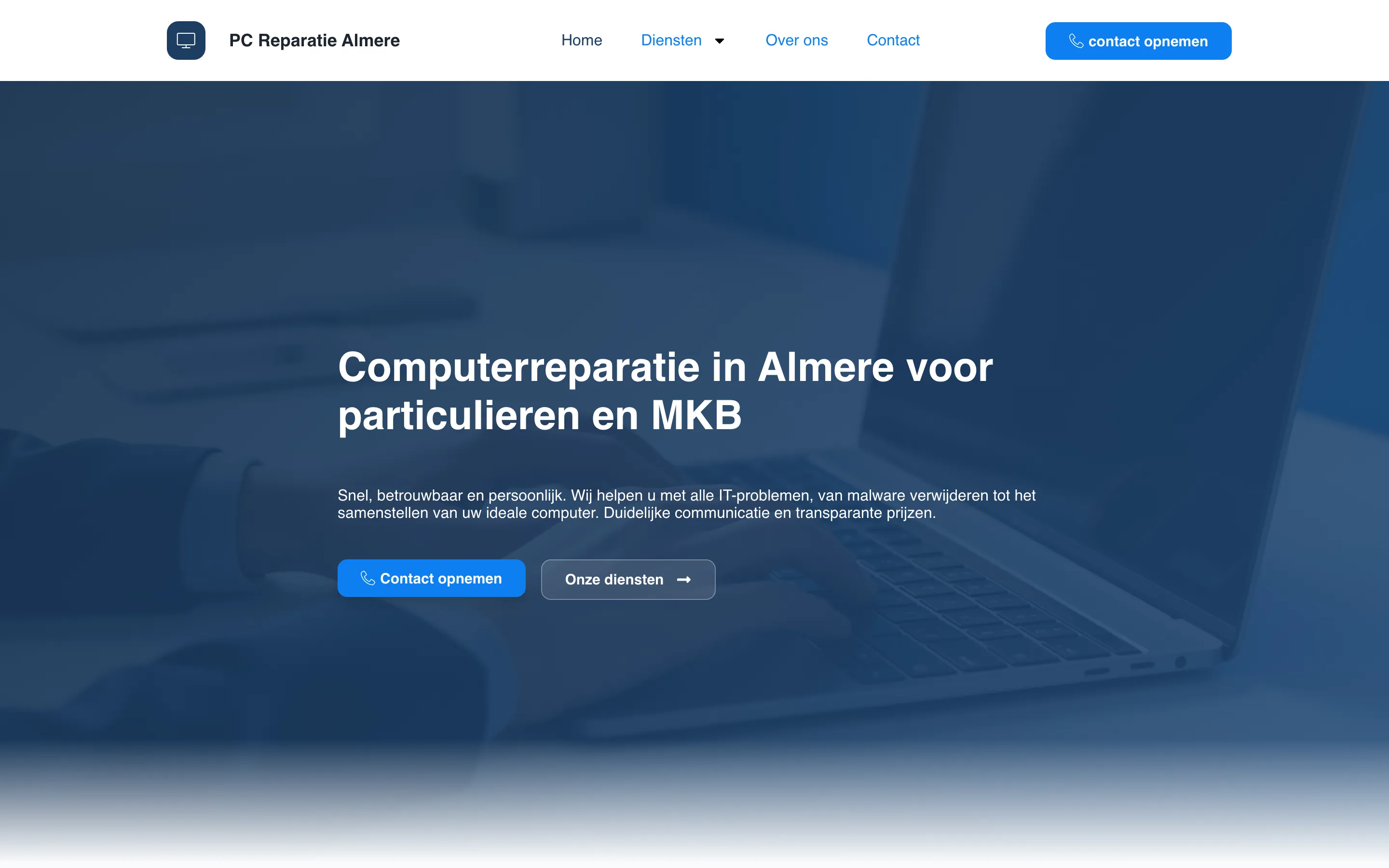 Screenshot van de website van PC Reparatie Almere
